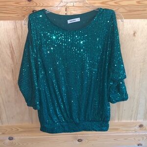 Jasambac green sequins shimmery cold shoulder shirt size S